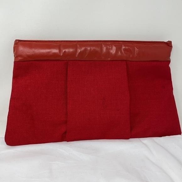 Large Red Vintage Clutch Linen Leather Bag Purse - Picture 2 of 10